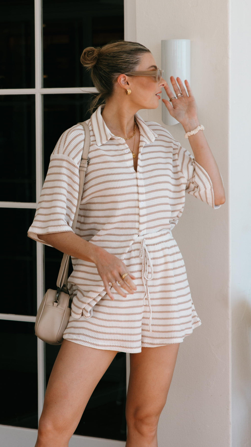 Beige Striped Knit Shirt and Shorts Set for Casual Wear - Comfortable Cotton Blend Outfit
