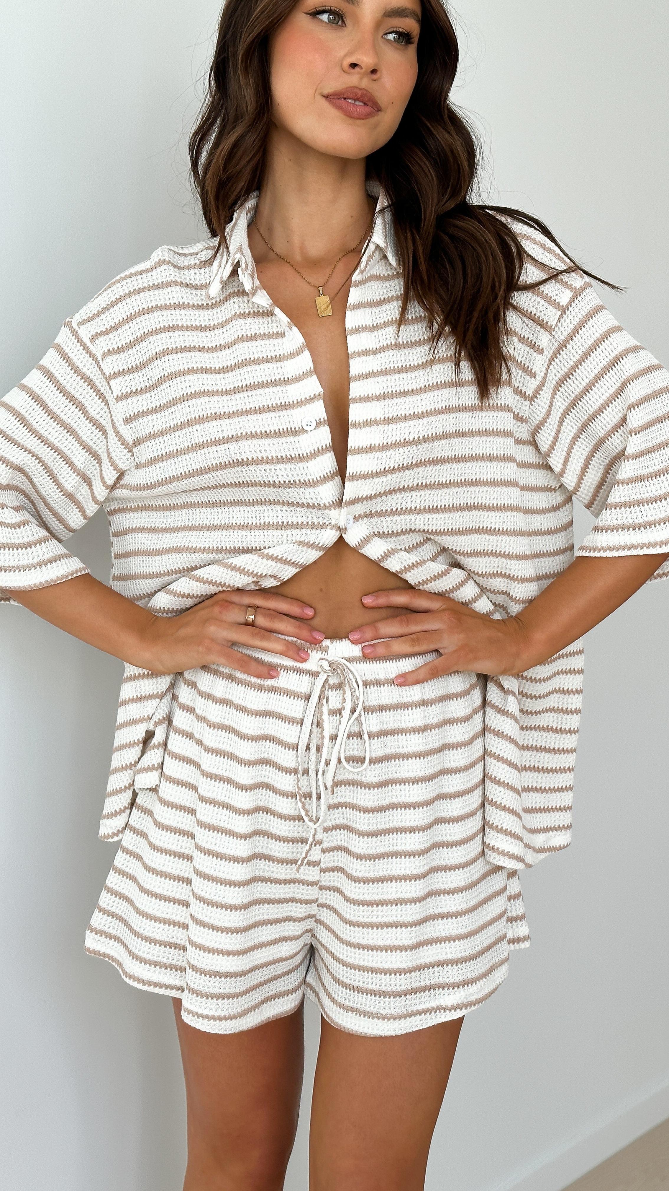Beige Striped Knit Shirt and Shorts Set for Casual Wear - Comfortable Cotton Blend Outfit