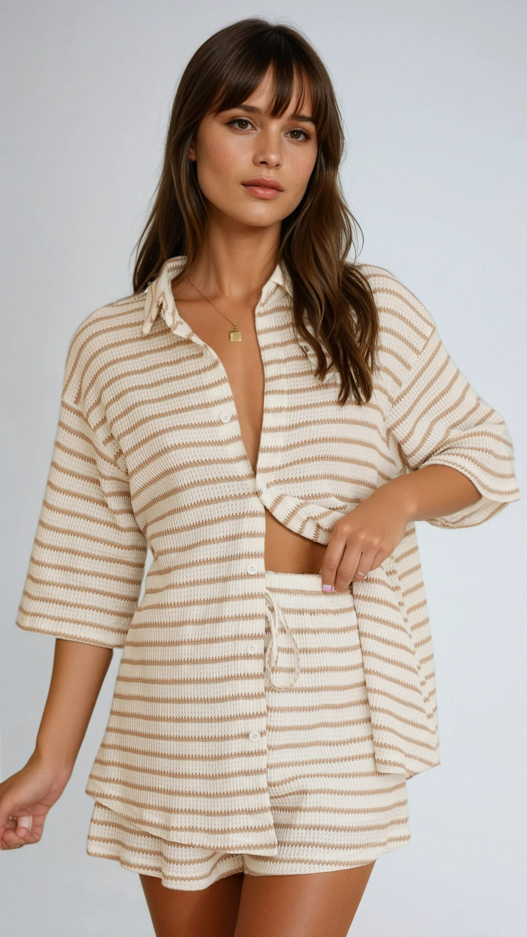 Beige Striped Knit Shirt and Shorts Set for Casual Wear - Comfortable Cotton Blend Outfit