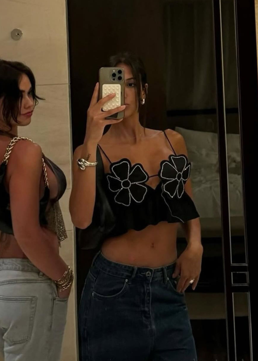 Black Floral Embellished Crop Top - Women's Fashion - Casual Wear - Summer Style