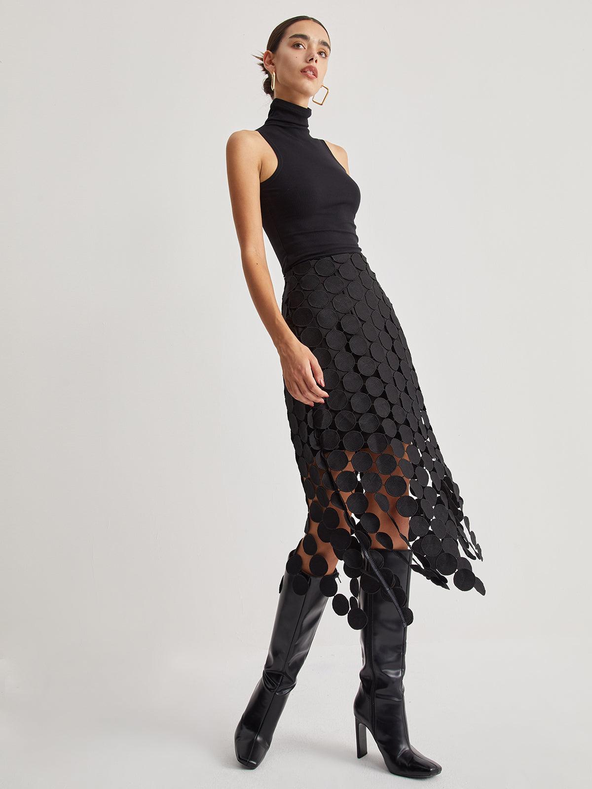 Black Laser Cut Midi Skirt - Stylish Circle Design for Casual or Formal Wear