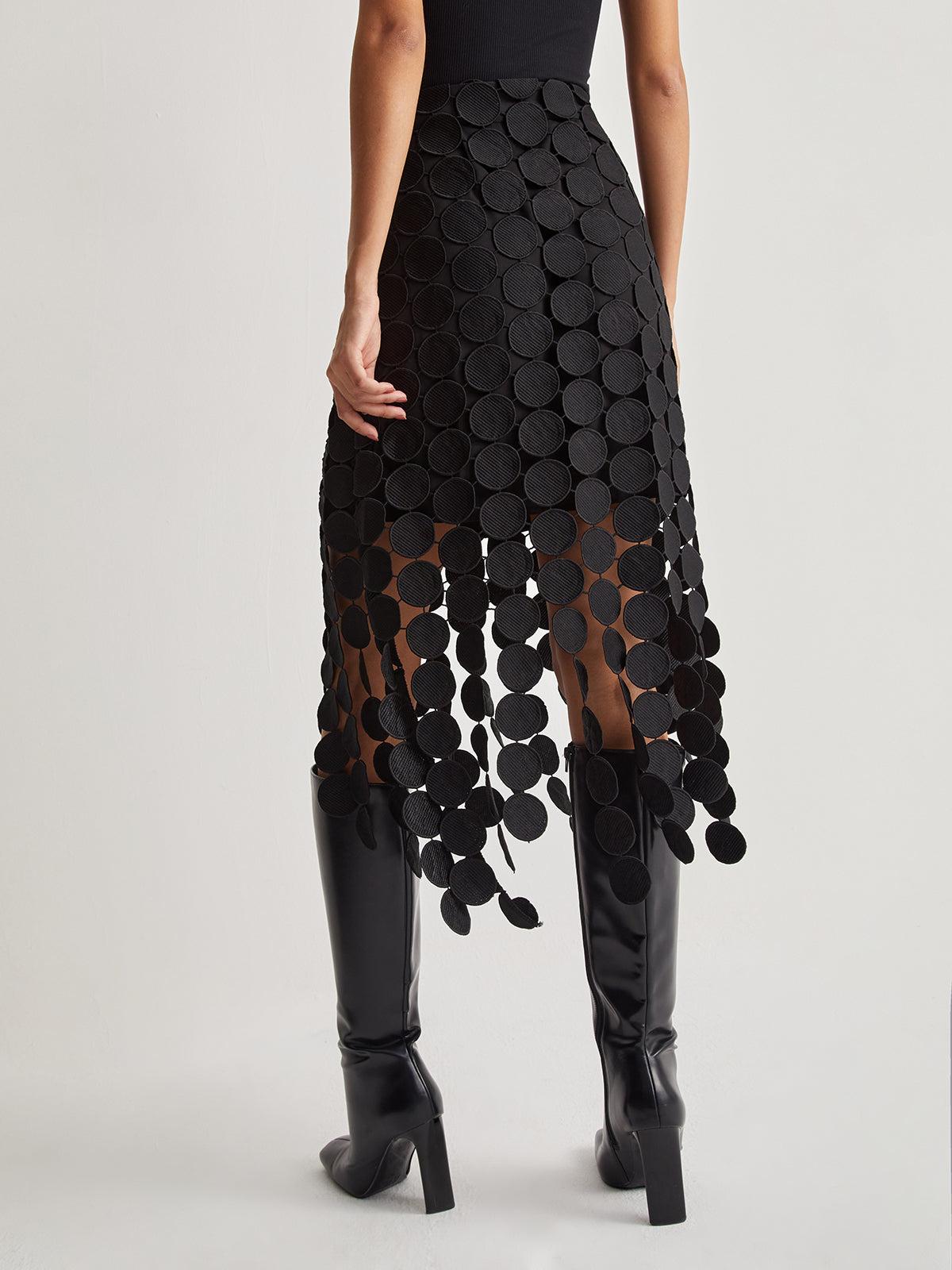 Black Laser Cut Midi Skirt - Stylish Circle Design for Casual or Formal Wear
