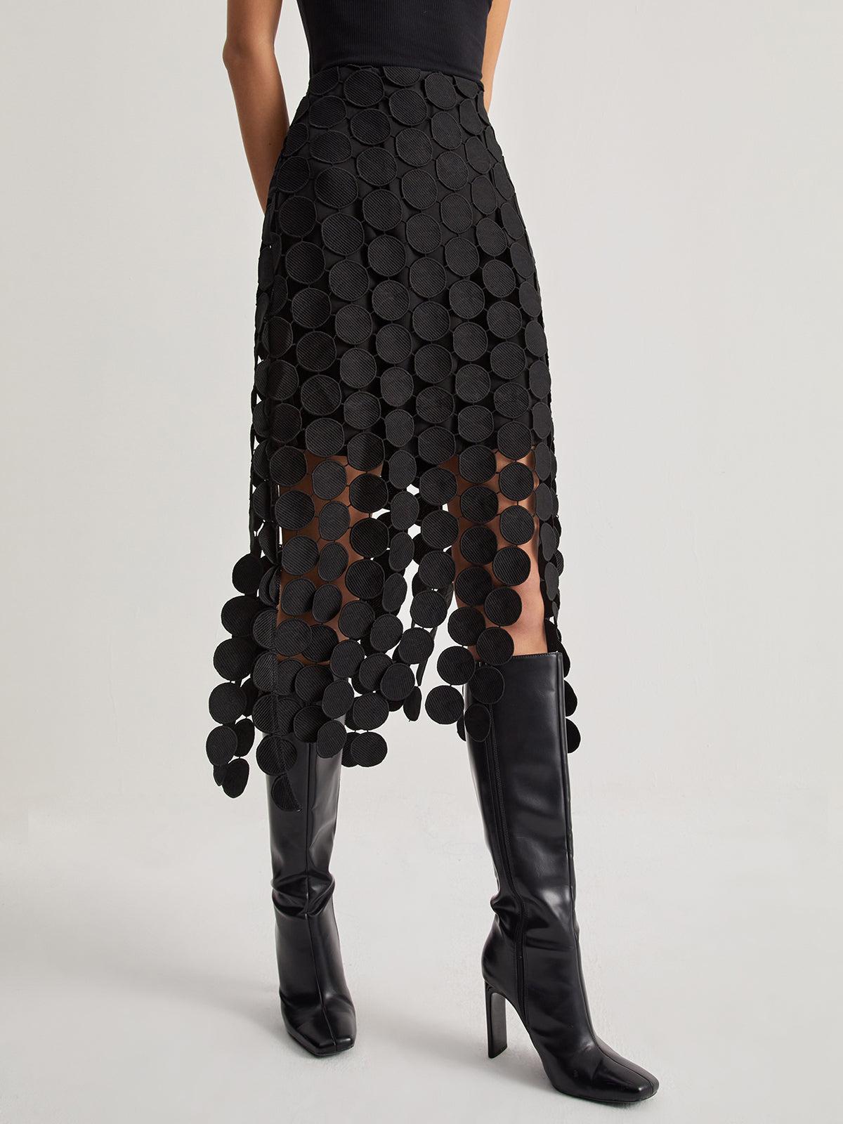 Black Laser Cut Midi Skirt - Stylish Circle Design for Casual or Formal Wear