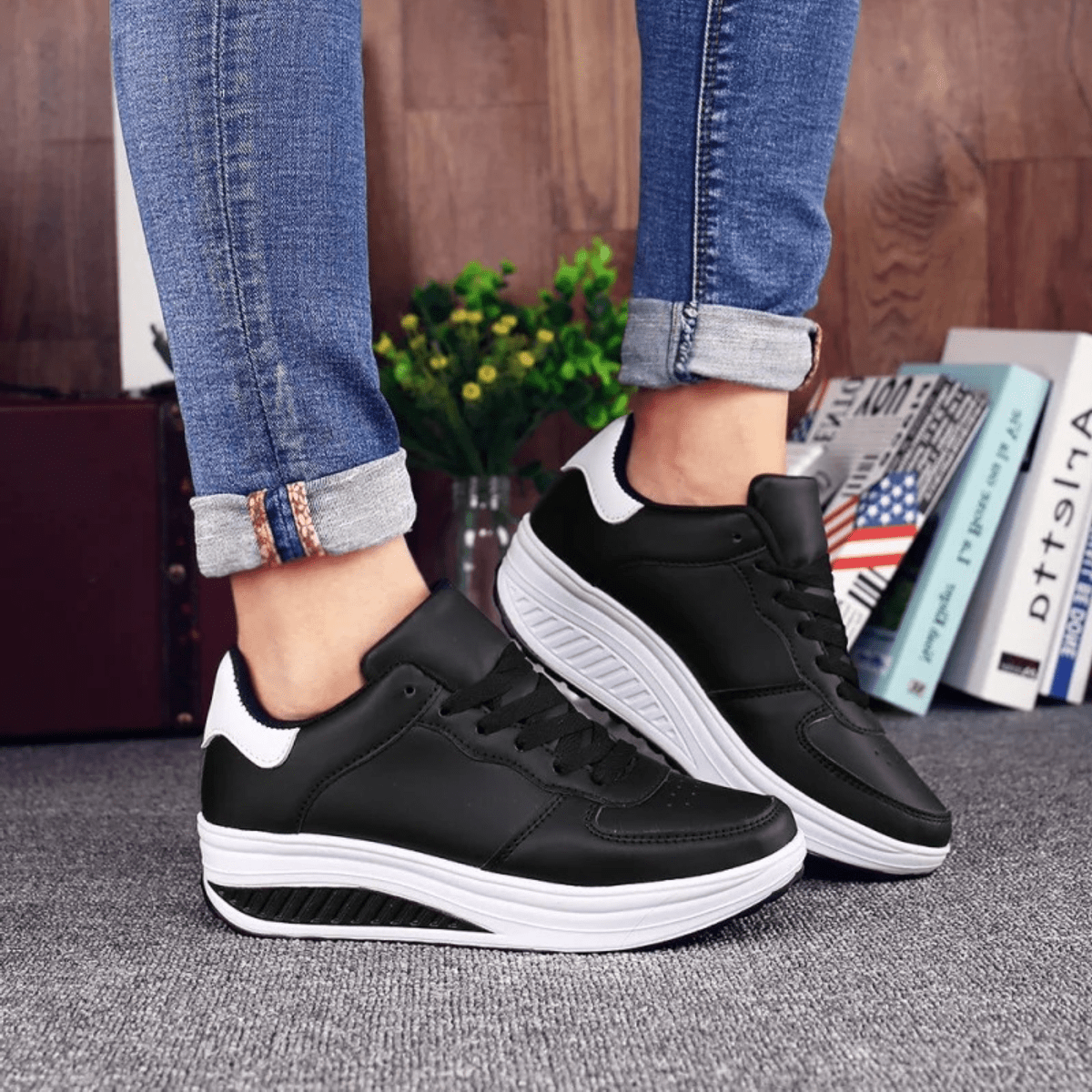 Black Leather Sneakers for Women - Casual Style Footwear for Everyday Wear