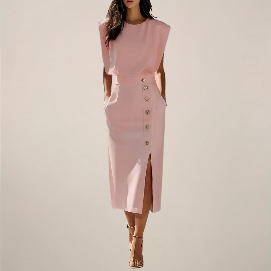 Button Detail Elegant Midi Dress with Side Slit for Women - Perfect for Casual or Formal Occasions