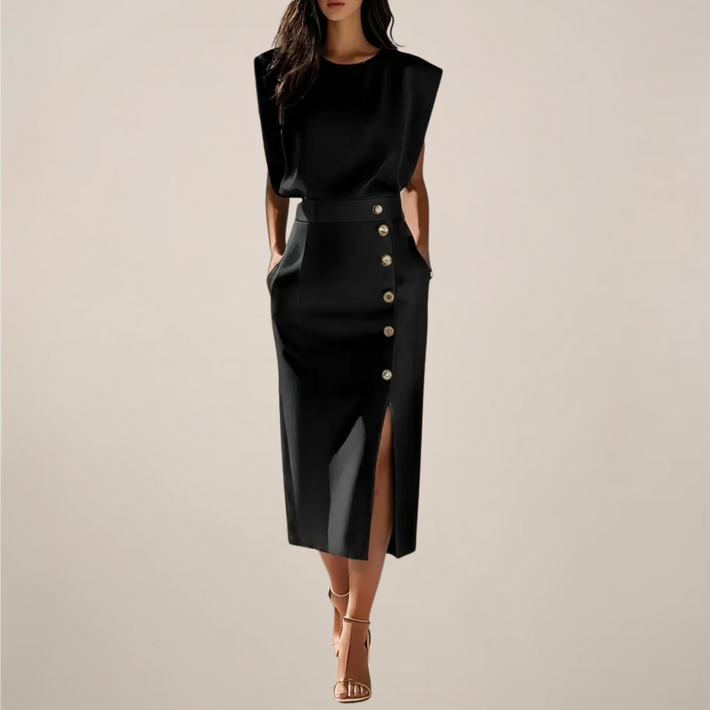 Button Detail Elegant Midi Dress with Side Slit for Women - Perfect for Casual or Formal Occasions