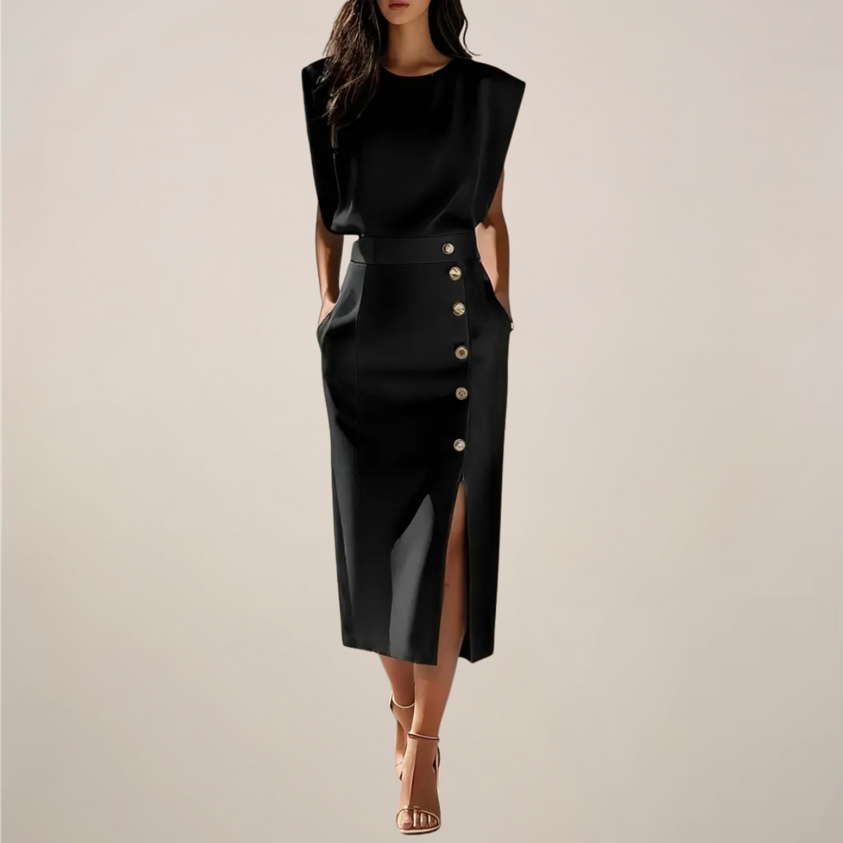 Button Detail Elegant Midi Dress with Side Slit for Women - Perfect for Casual or Formal Occasions