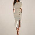 Button Detail Elegant Midi Dress with Side Slit for Women - Perfect for Casual or Formal Occasions