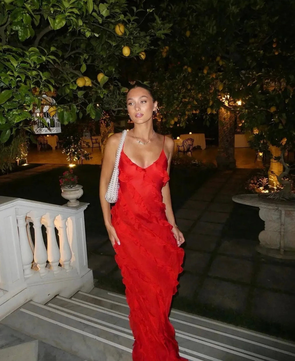 Chiffon Maxi Evening Gown with Ruffles - Elegant Romantic Dress for Formal Events and Special Occasions