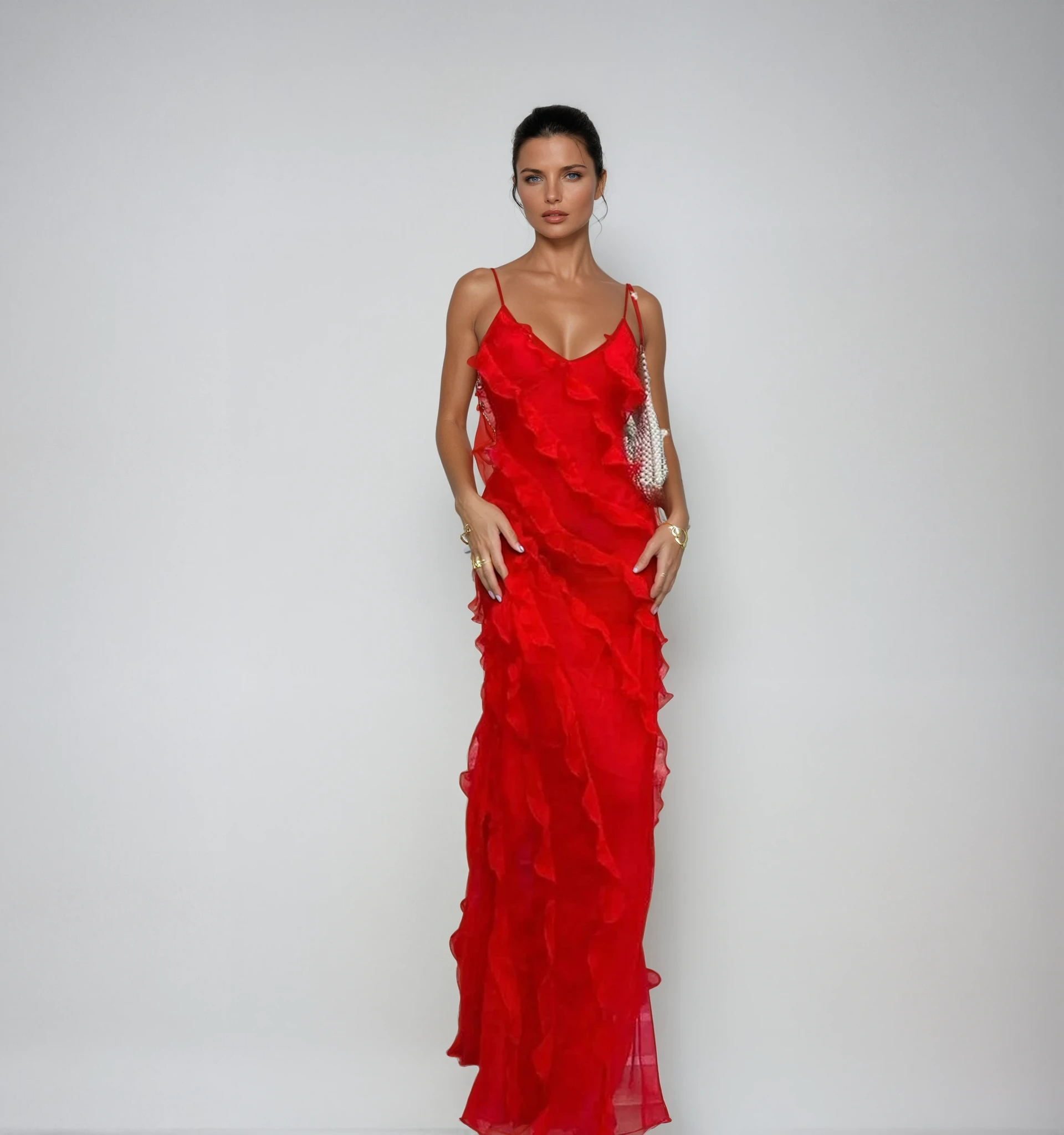 Chiffon Maxi Evening Gown with Ruffles - Elegant Romantic Dress for Formal Events and Special Occasions