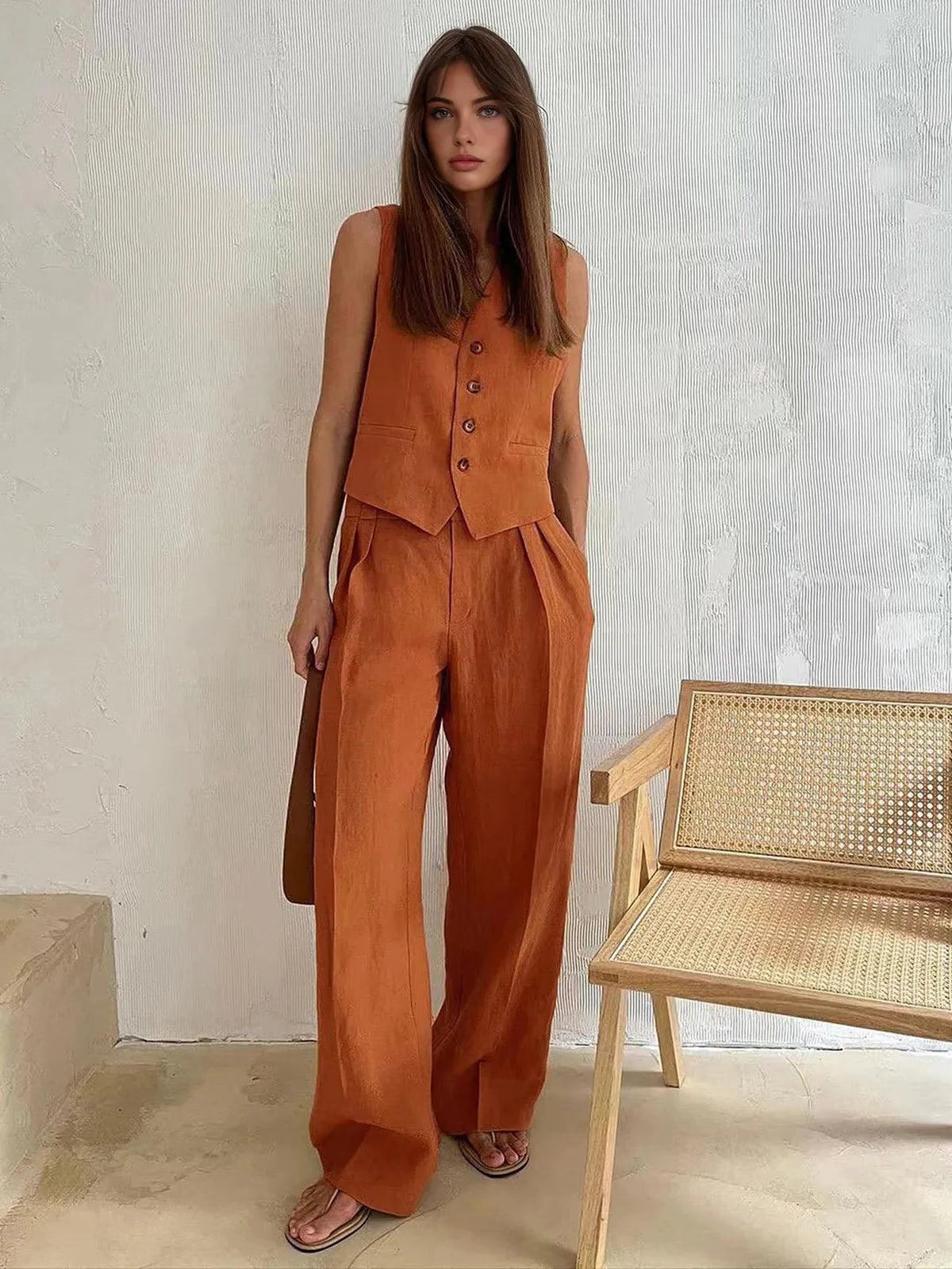 Cotton Linen Two-Piece Outfit for Women - Casual Summer Set with Top and Shorts