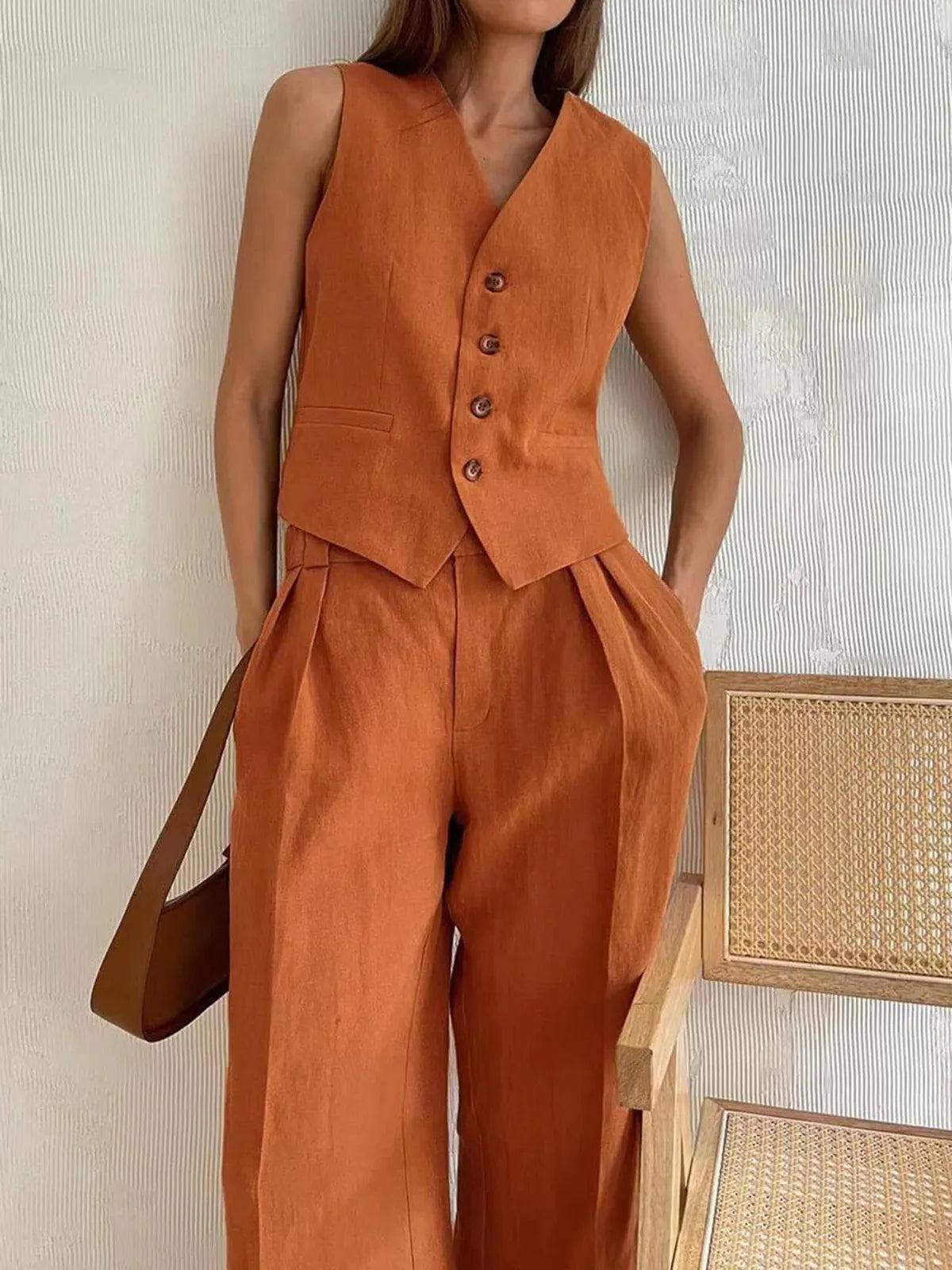 Cotton Linen Two-Piece Outfit for Women - Casual Summer Set with Top and Shorts