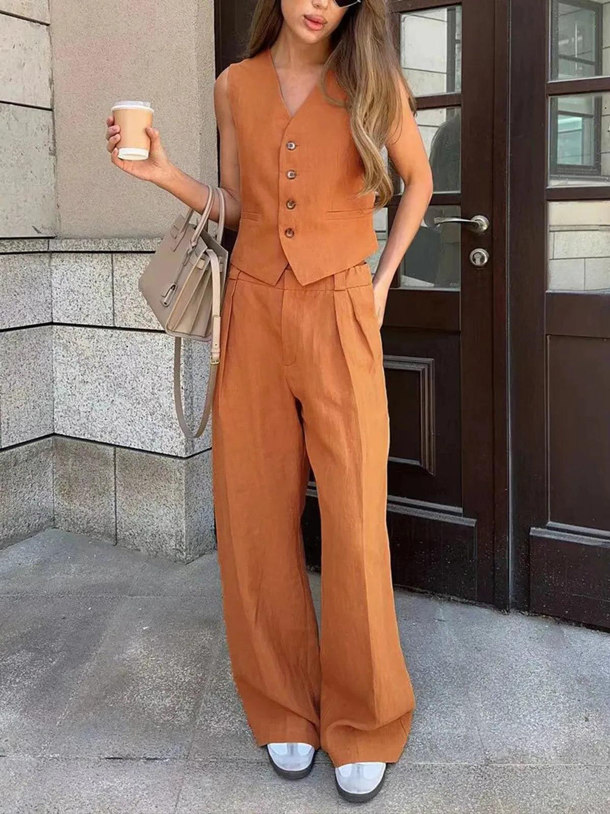 Cotton Linen Two-Piece Outfit for Women - Casual Summer Set with Top and Shorts