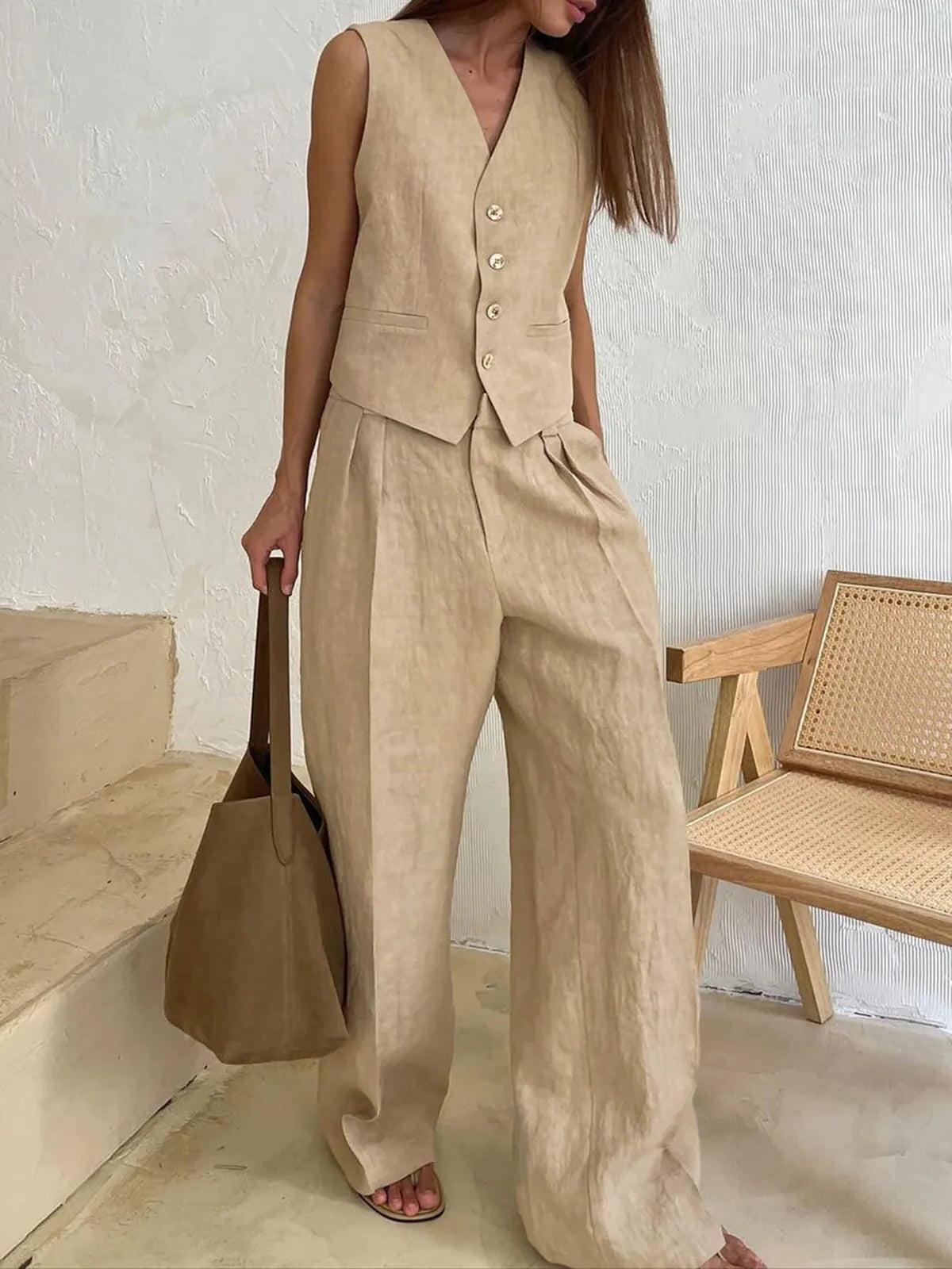 Cotton Linen Two-Piece Outfit for Women - Casual Summer Set with Top and Shorts