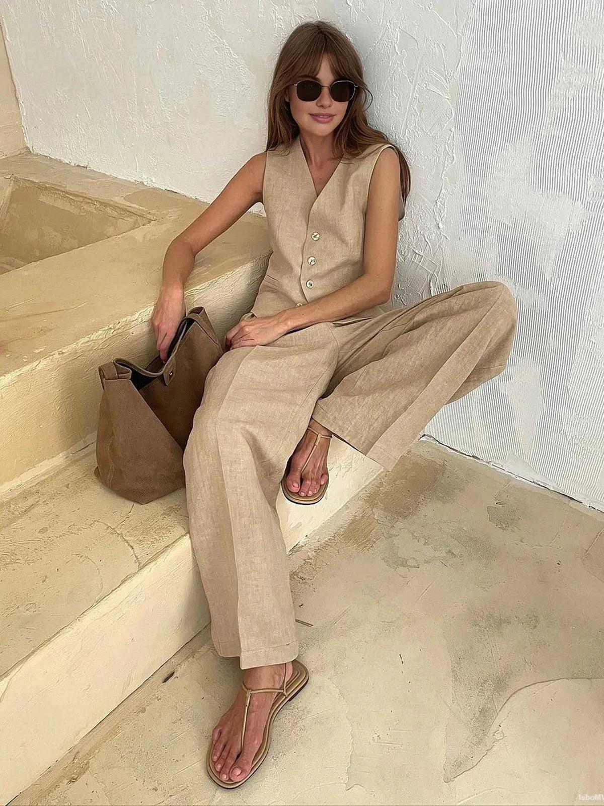 Cotton Linen Two-Piece Outfit for Women - Casual Summer Set with Top and Shorts