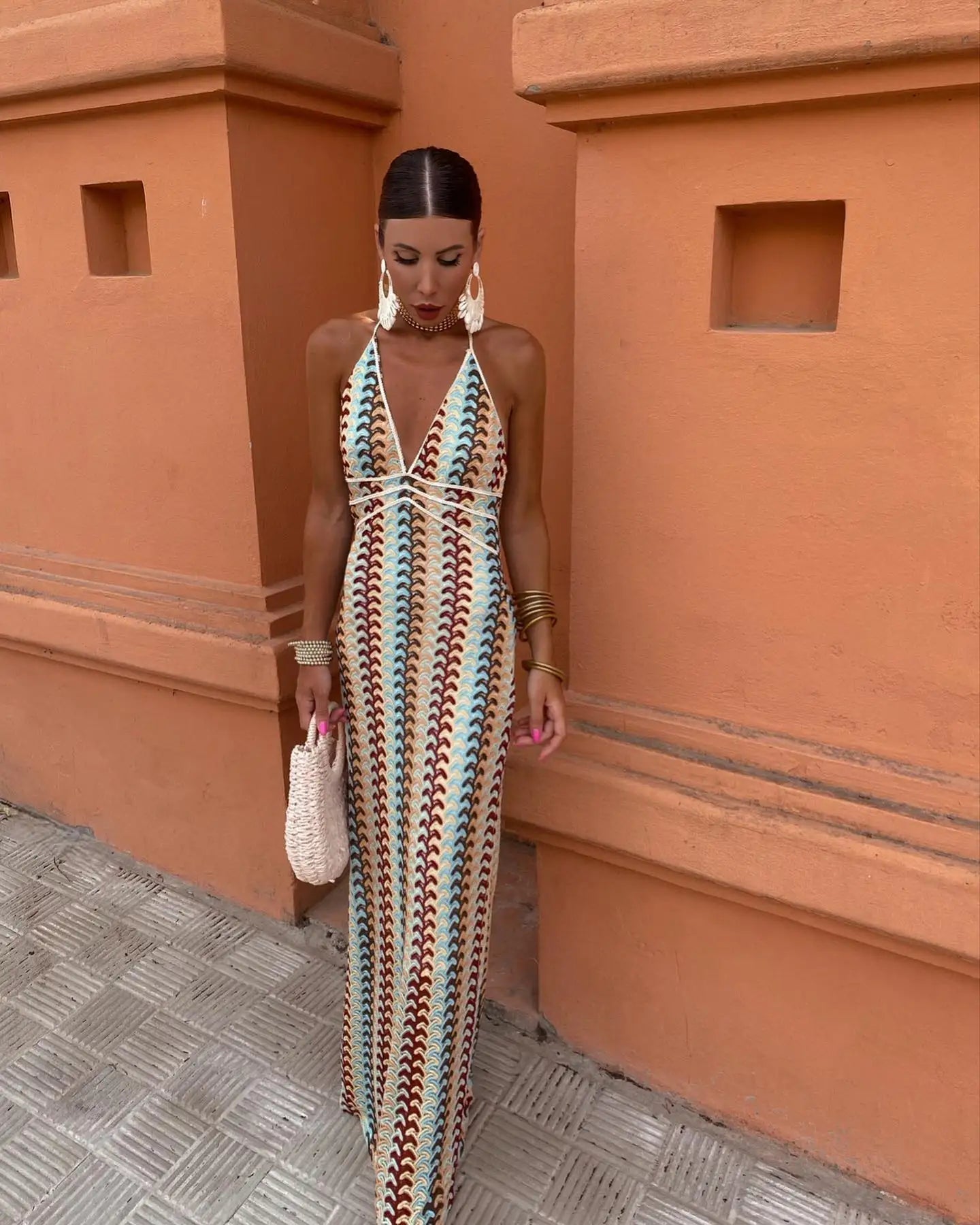 Crochet Maxi Dress for Summer Evenings - Halterneck Style, Lightweight Fabric, Elegant Design