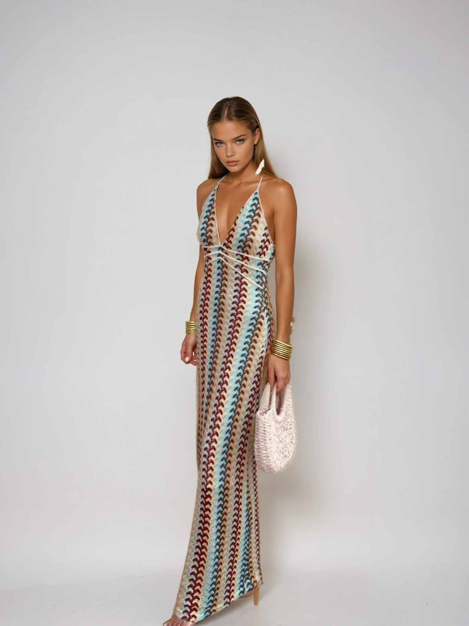 Crochet Maxi Dress for Summer Evenings - Halterneck Style, Lightweight Fabric, Elegant Design