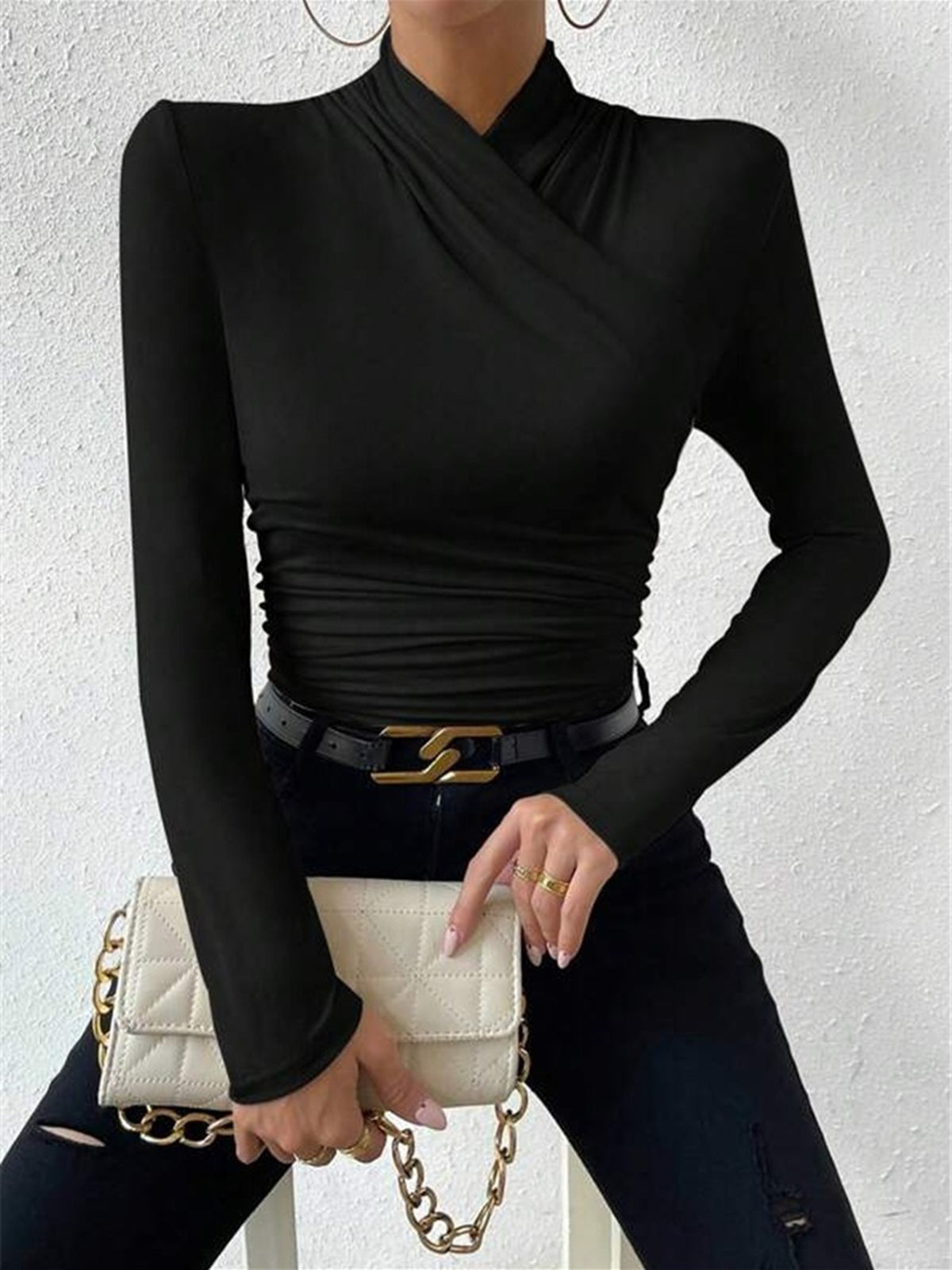 Crossover Long Sleeve Top in Soft Fabric - Stylish Draped Design for Casual Wear and Everyday Comfort