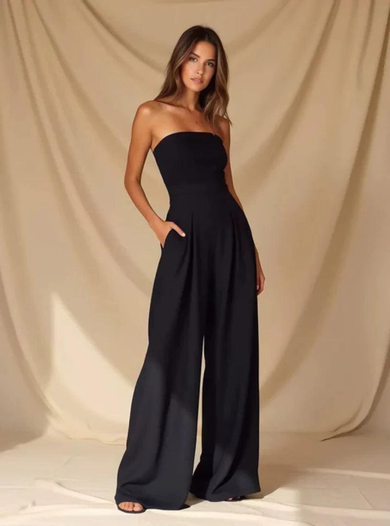 Elegant Strapless Loose Fit Jumpsuit for Women - Lightweight Fabric, Perfect for Casual or Formal Occasions