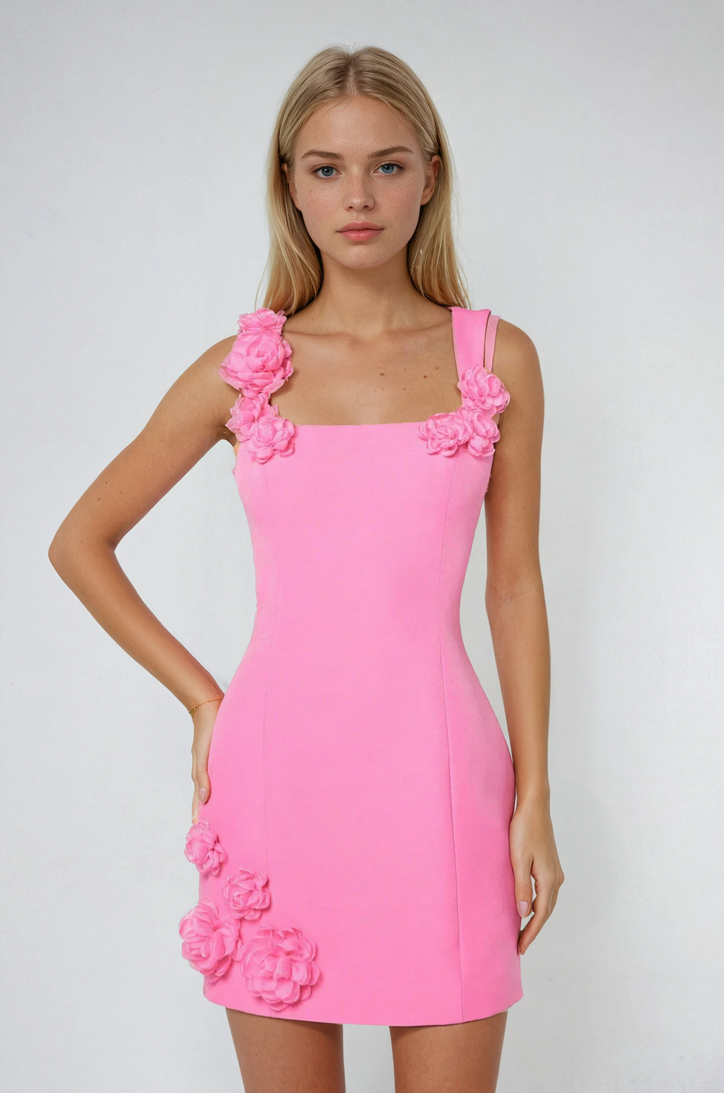 Floral Appliqué Mini Dress in Pink - Summer Cocktail Style for Parties and Events