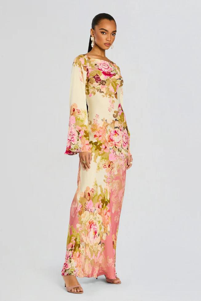 Floral Bell Sleeve Evening Gown - Elegant Chiffon Dress for Formal Events and Parties