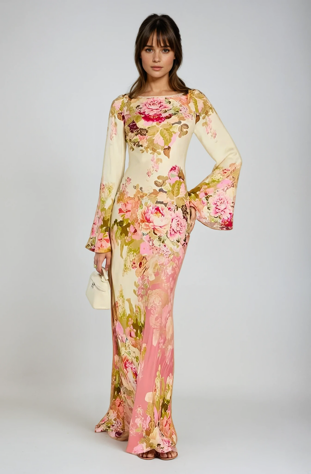Floral Bell Sleeve Evening Gown - Elegant Chiffon Dress for Formal Events and Parties