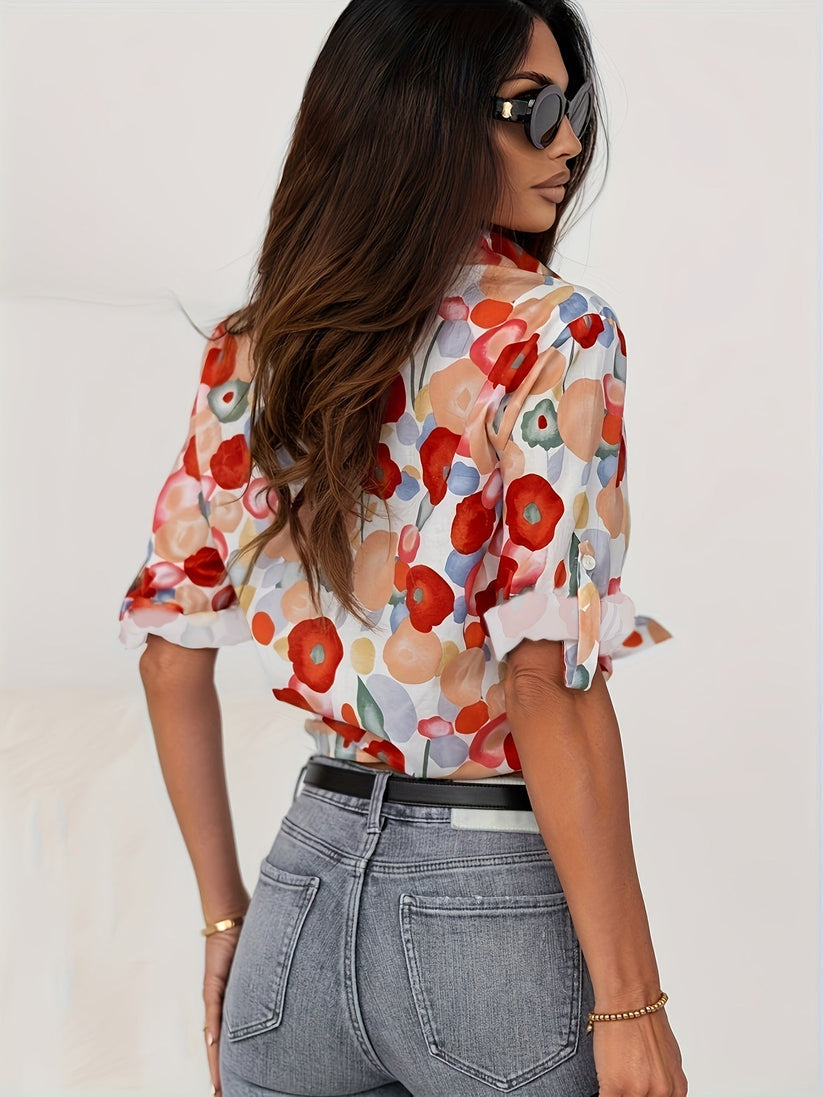 Floral Print Long Sleeve Blouse for Women - Lightweight Fabric, Casual Style, Perfect for Spring and Summer Wear