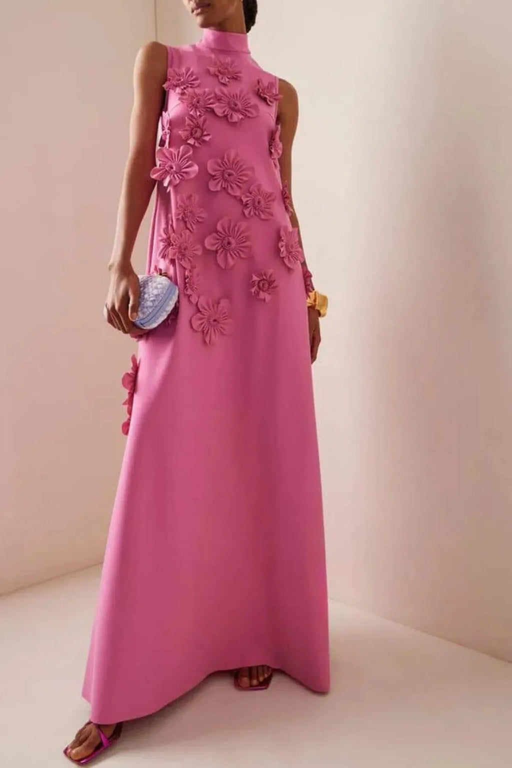 Flower Embellished Maxi Dress for Women - Sleeveless Summer Evening Style - Elegant Floral Design for Special Occasions
