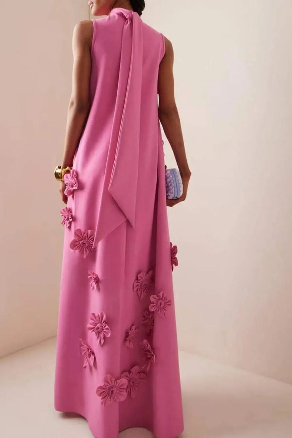 Flower Embellished Maxi Dress for Women - Sleeveless Summer Evening Style - Elegant Floral Design for Special Occasions