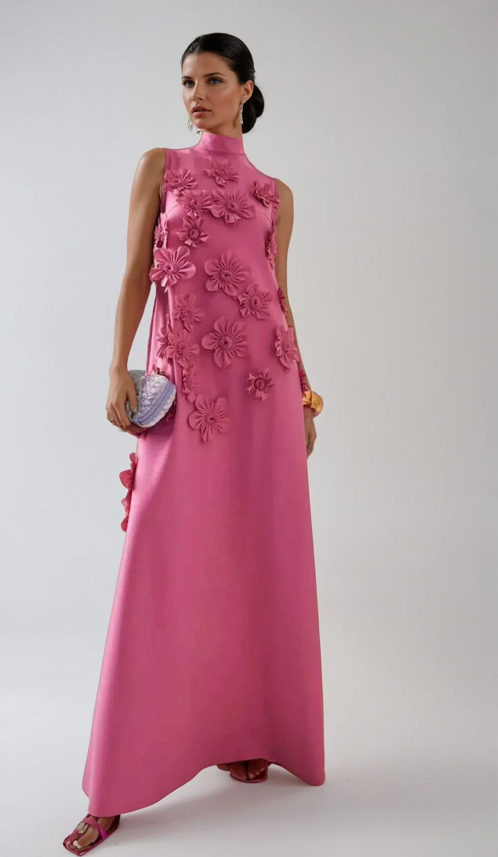 Flower Embellished Maxi Dress for Women - Sleeveless Summer Evening Style - Elegant Floral Design for Special Occasions