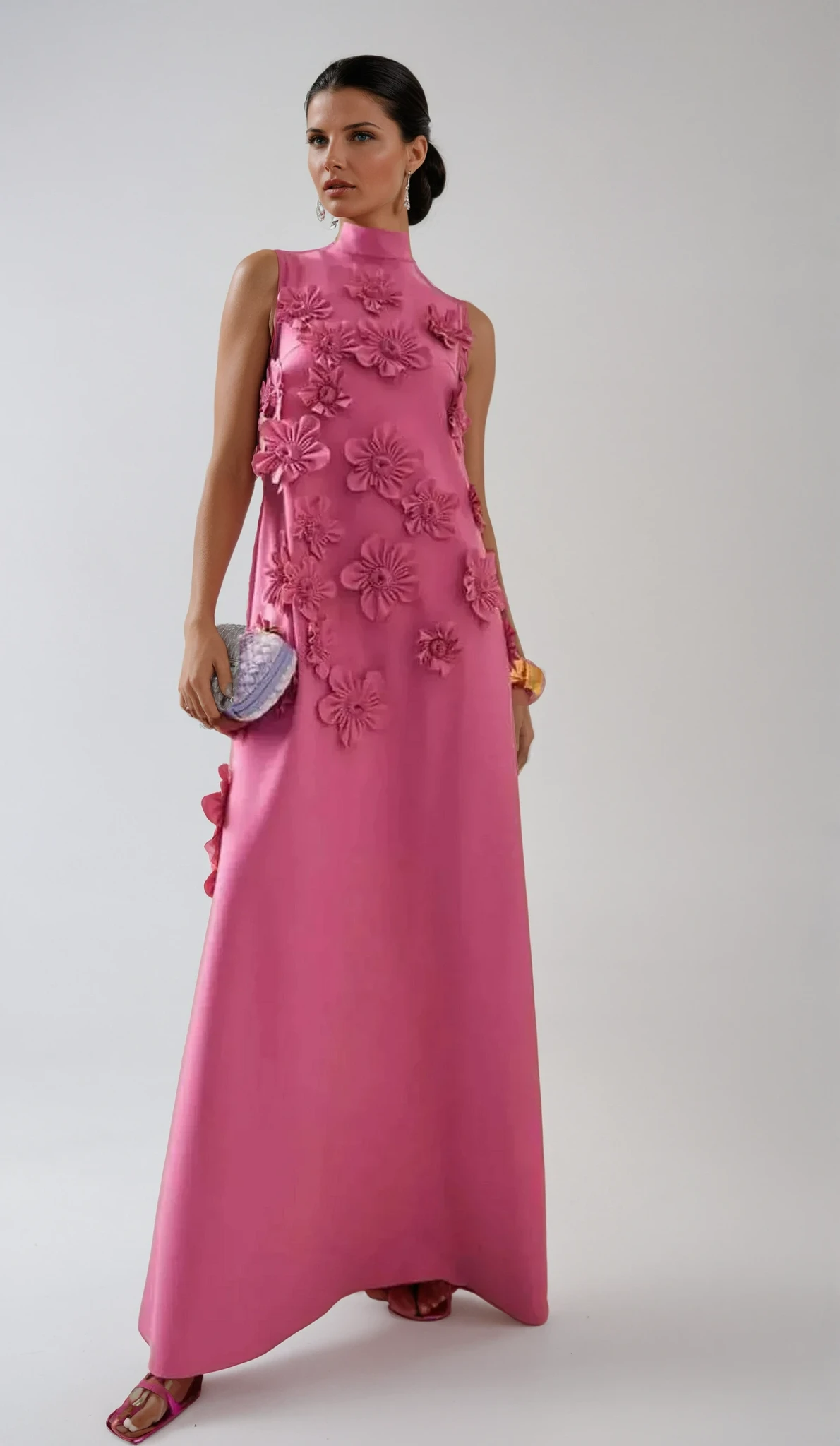 Flower Embellished Maxi Dress for Women - Sleeveless Summer Evening Style - Elegant Floral Design for Special Occasions