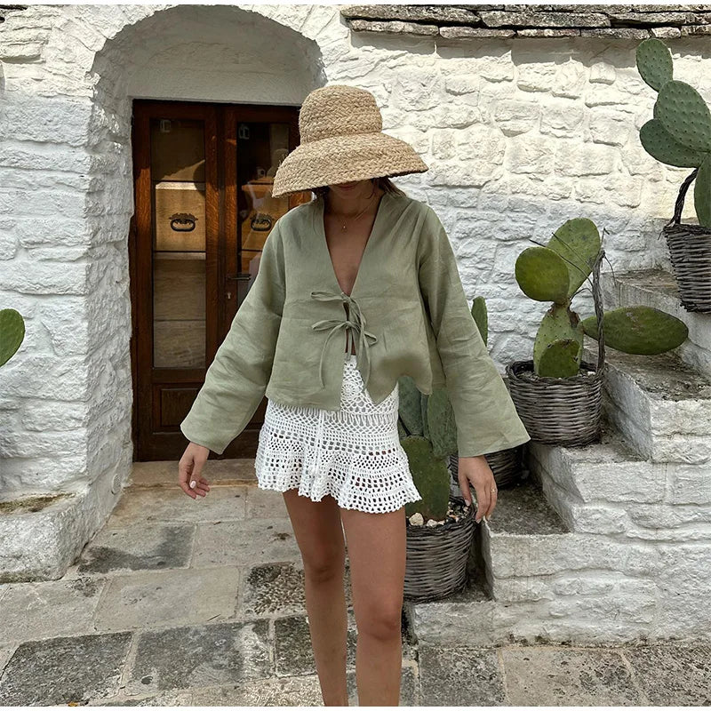 Front-Tie Linen Top for Women - Casual Summer Style - Lightweight and Breathable Fabric