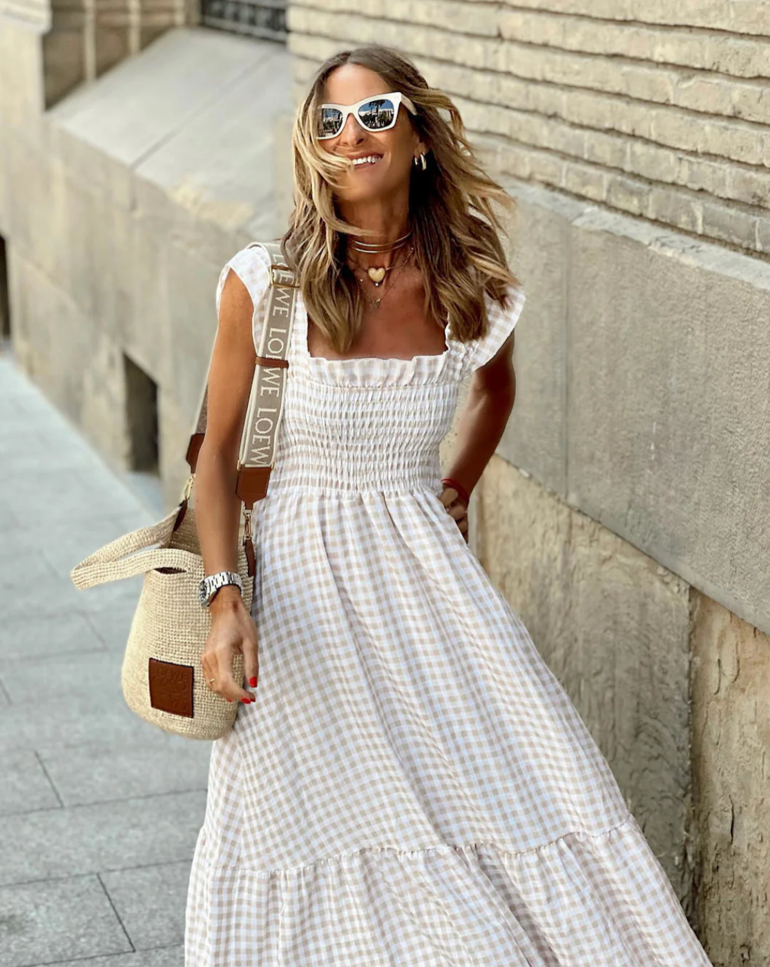 Gingham Maxi Dress for Women with Ruffle Sleeves - Summer Smocked Style in Lightweight Cotton Fabric