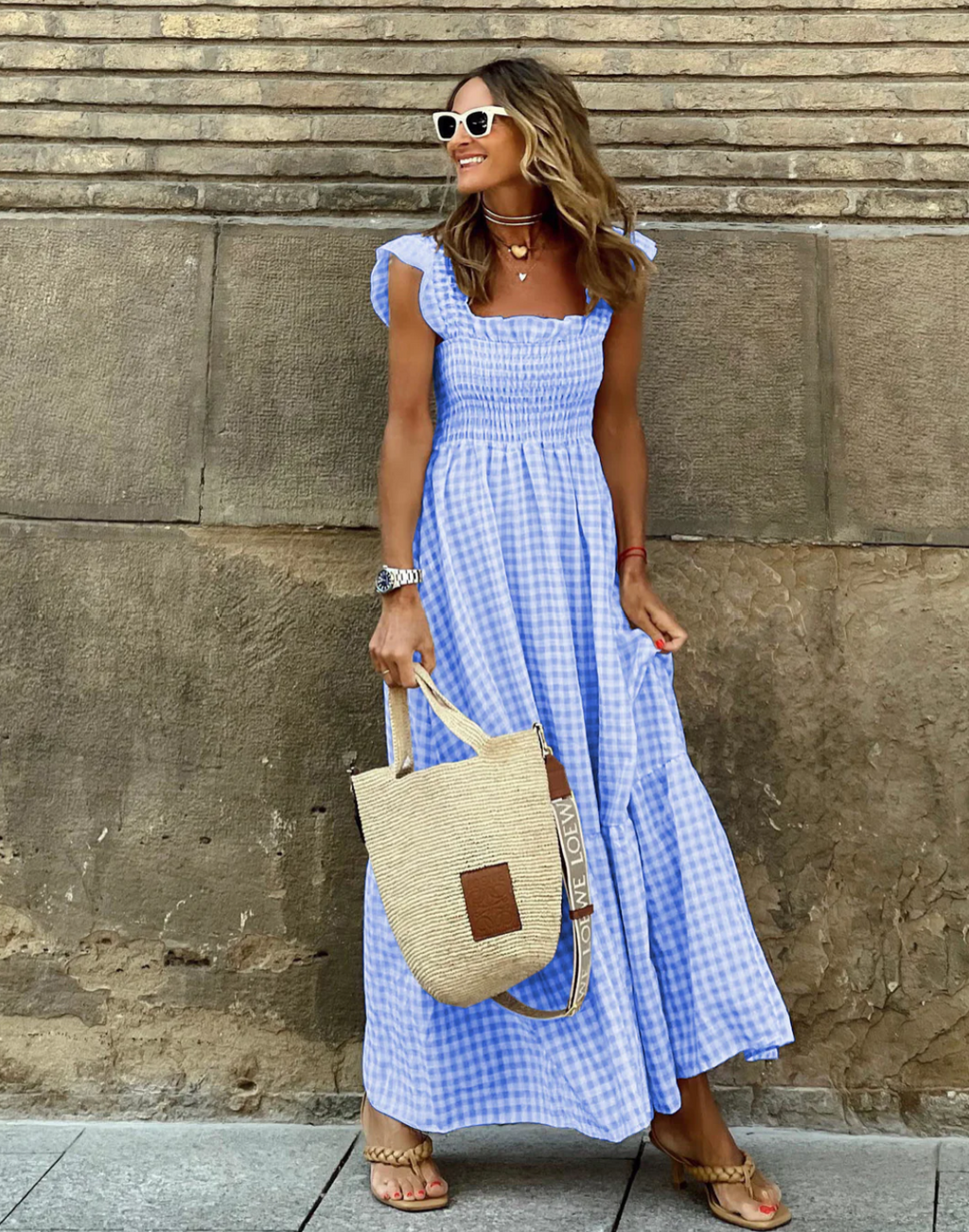 Gingham Maxi Dress for Women with Ruffle Sleeves - Summer Smocked Style in Lightweight Cotton Fabric
