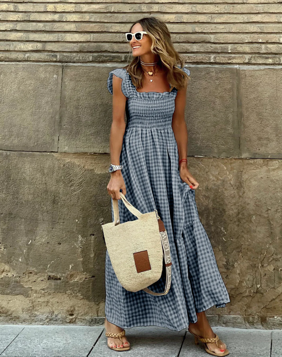 Gingham Maxi Dress for Women with Ruffle Sleeves - Summer Smocked Style in Lightweight Cotton Fabric