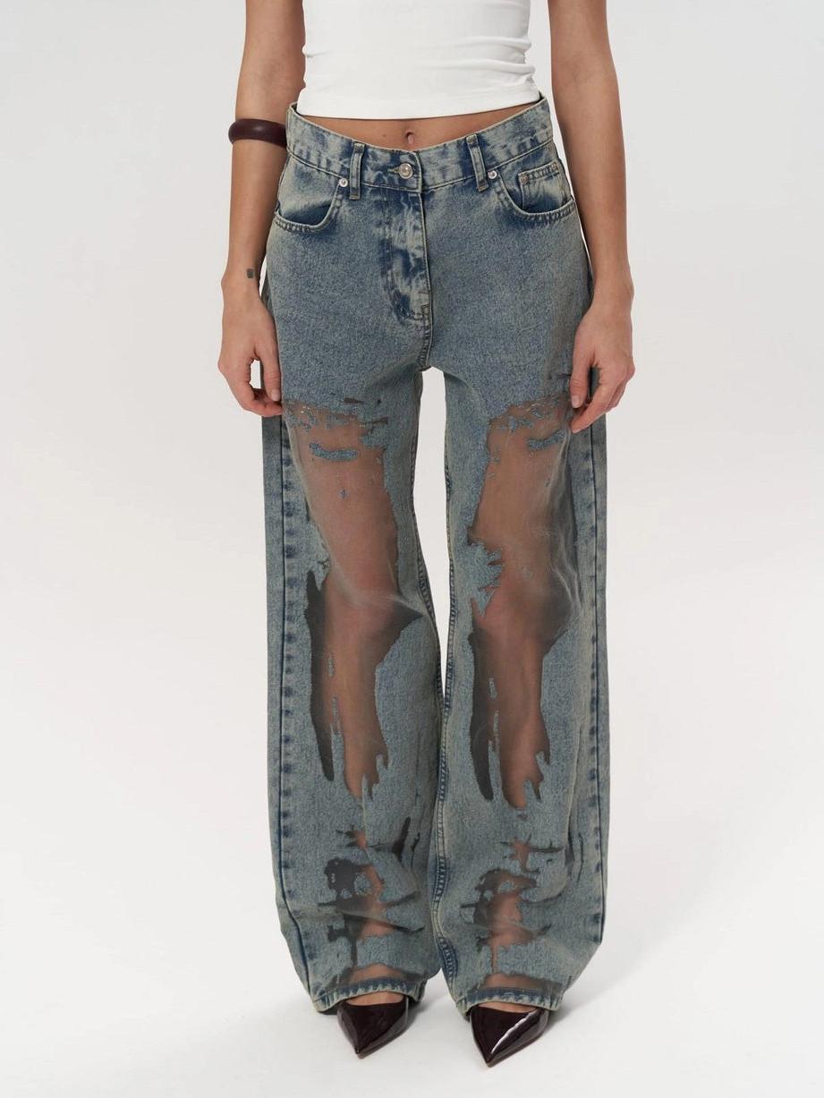 High Waist Wide Leg Jeans with Mesh Panels for Casual Wear
