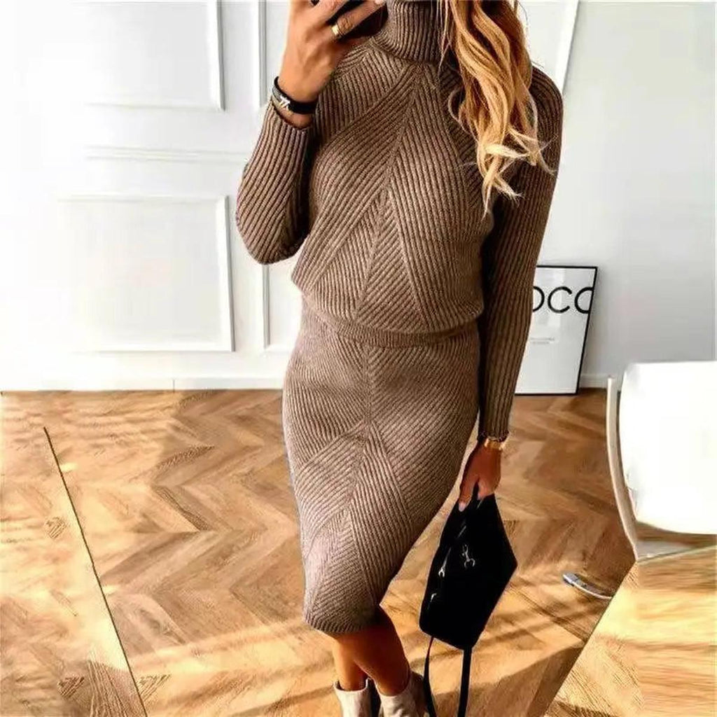Knit Turtleneck Sweater and Slim Skirt Set - Two-Piece Outfit for Casual or Office Wear