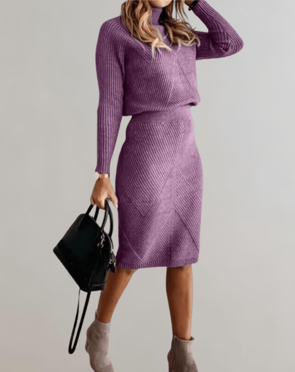 Knit Turtleneck Sweater and Slim Skirt Set - Two-Piece Outfit for Casual or Office Wear