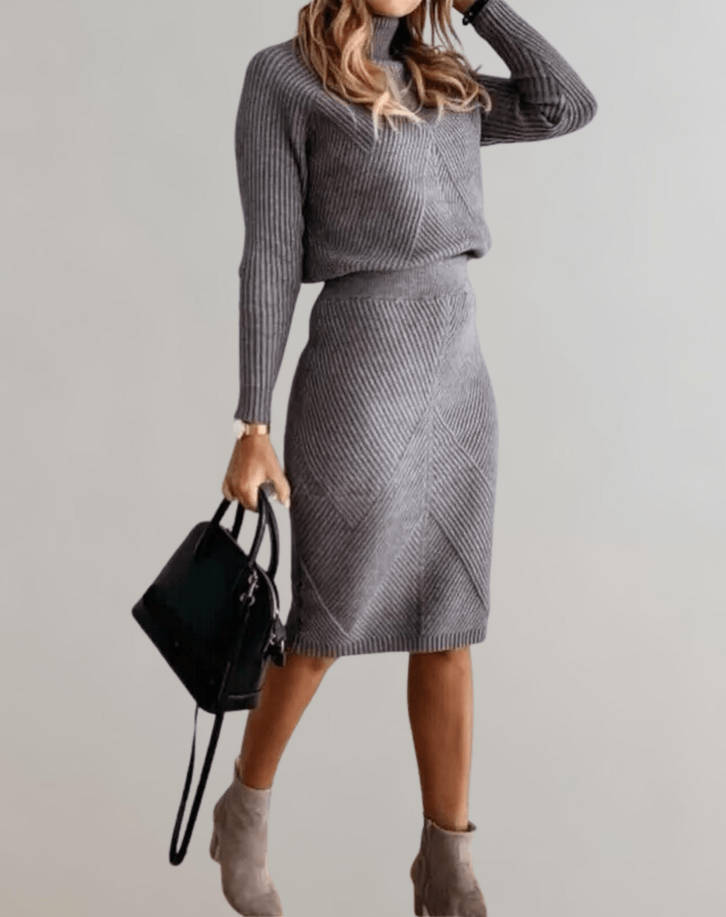 Knit Turtleneck Sweater and Slim Skirt Set - Two-Piece Outfit for Casual or Office Wear