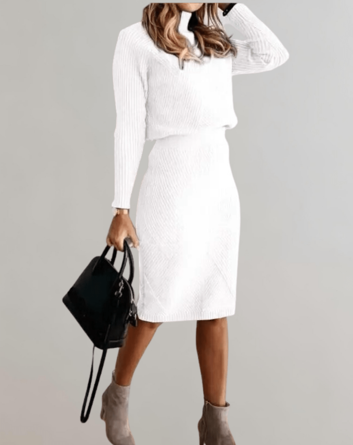 Knit Turtleneck Sweater and Slim Skirt Set - Two-Piece Outfit for Casual or Office Wear
