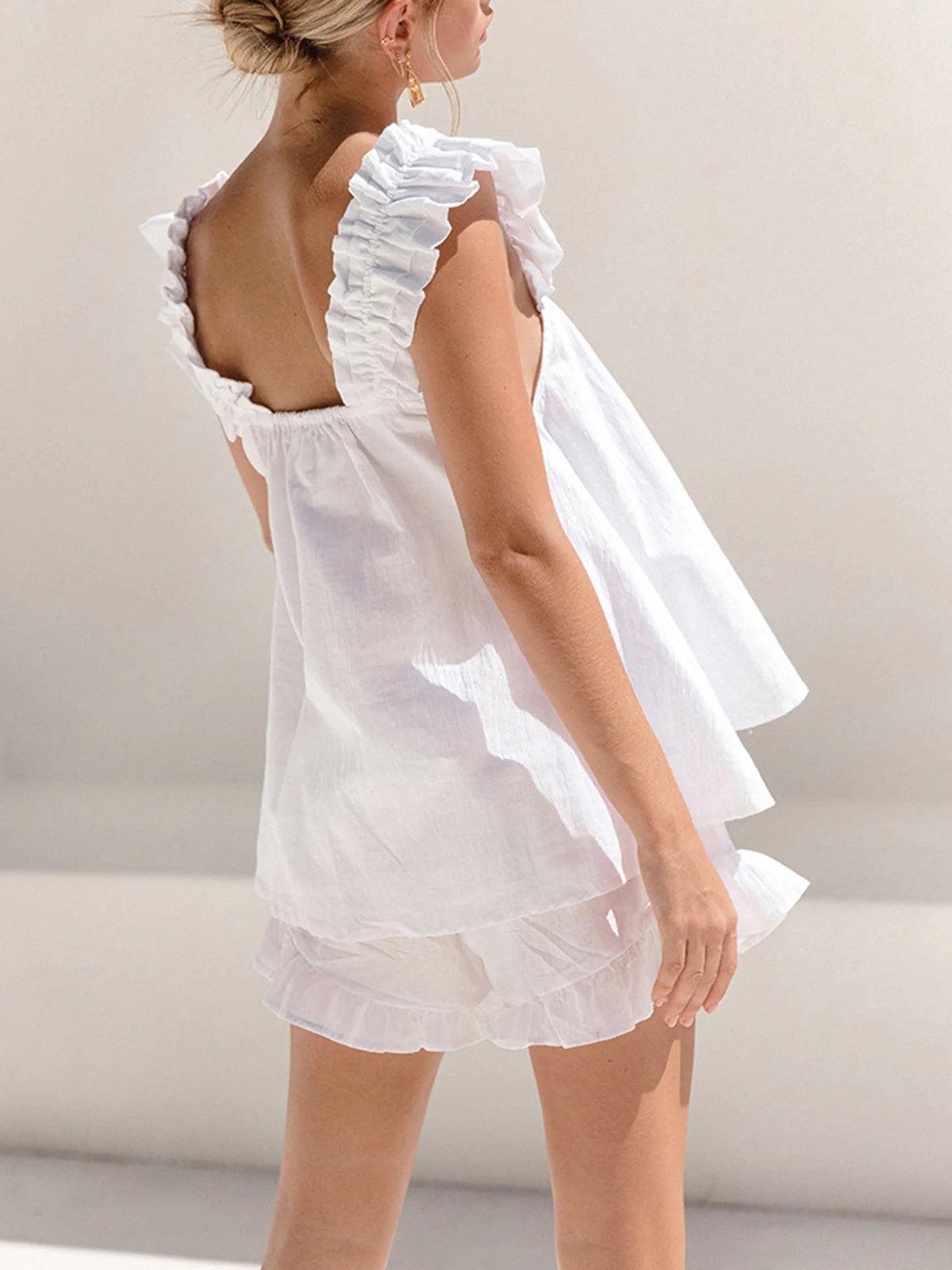 Linen Blend Ruffle Shorts Set for Women - Casual Summer Outfit with Comfortable Fit