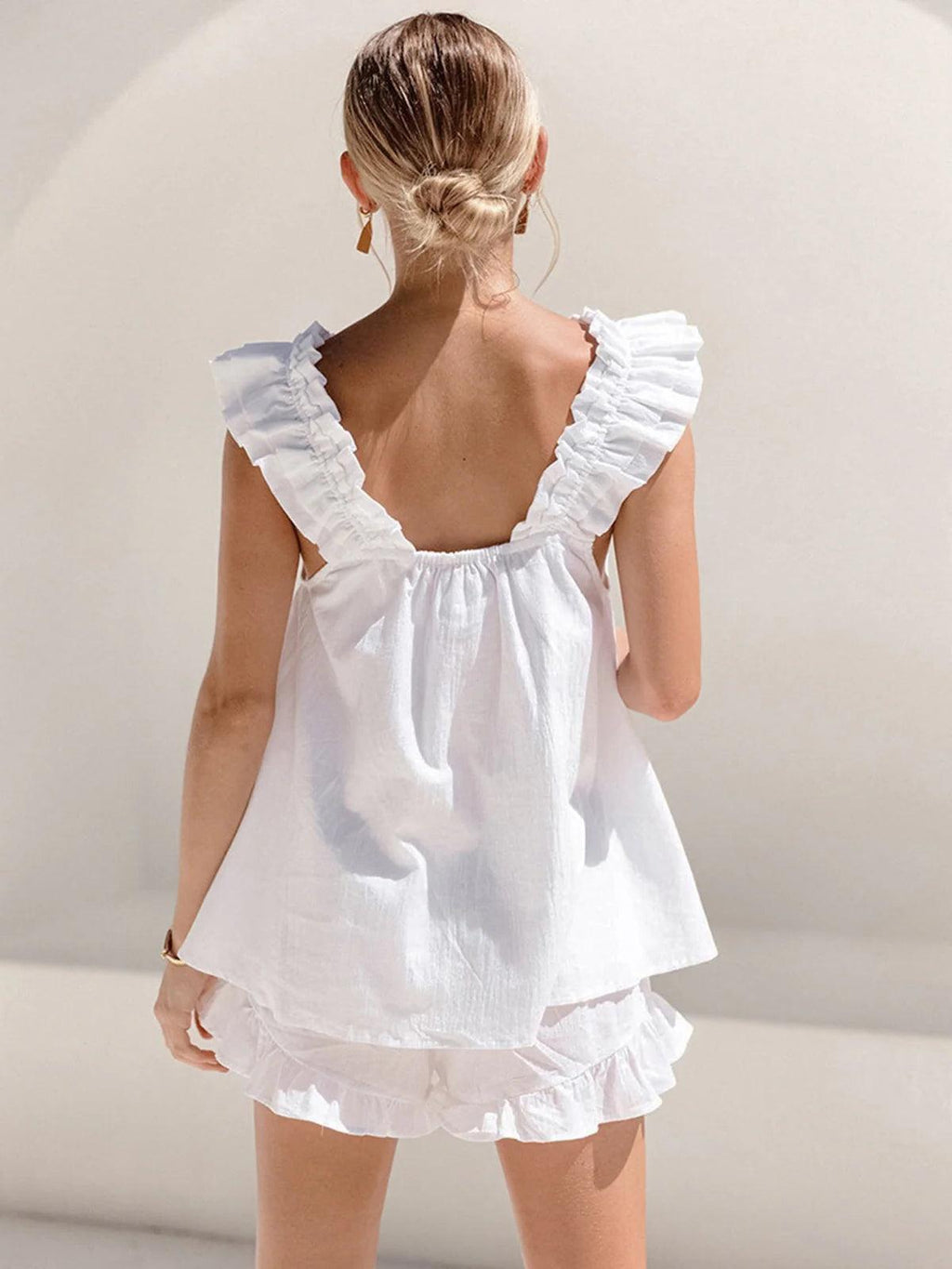 Linen Blend Ruffle Shorts Set for Women - Casual Summer Outfit with Comfortable Fit