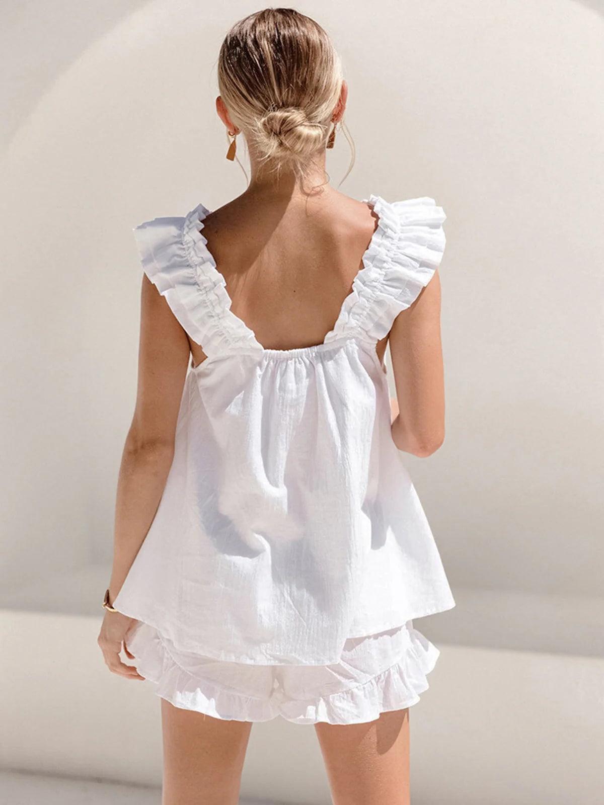 Linen Blend Ruffle Shorts Set for Women - Casual Summer Outfit with Comfortable Fit