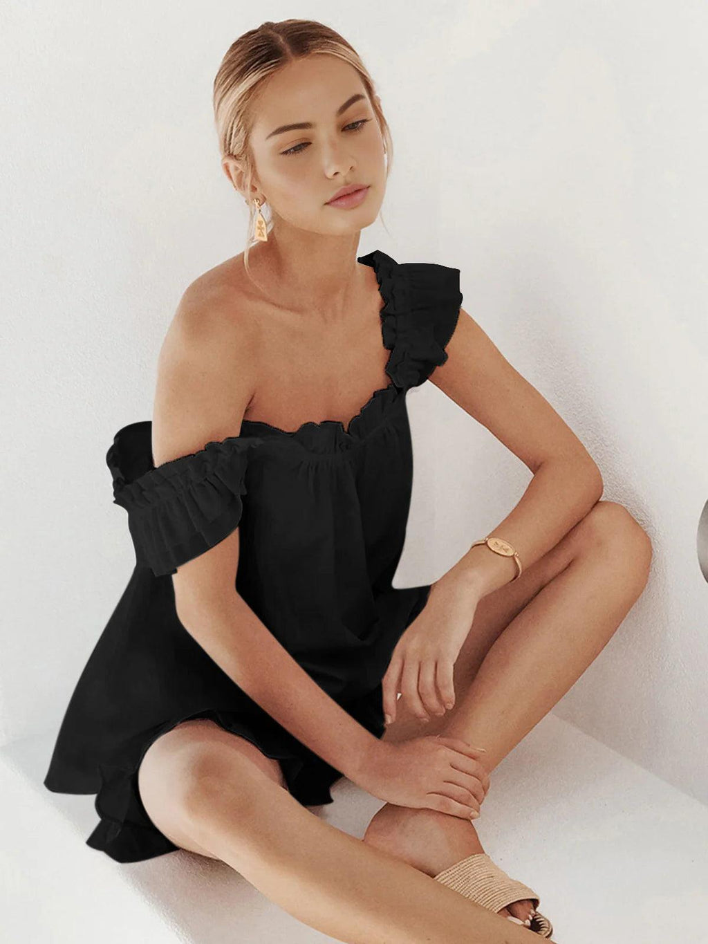 Linen Blend Ruffle Shorts Set for Women - Casual Summer Outfit with Comfortable Fit