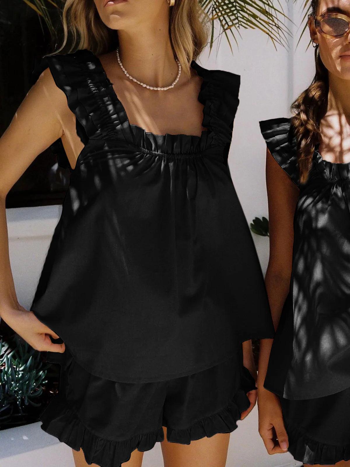 Linen Blend Ruffle Shorts Set for Women - Casual Summer Outfit with Comfortable Fit