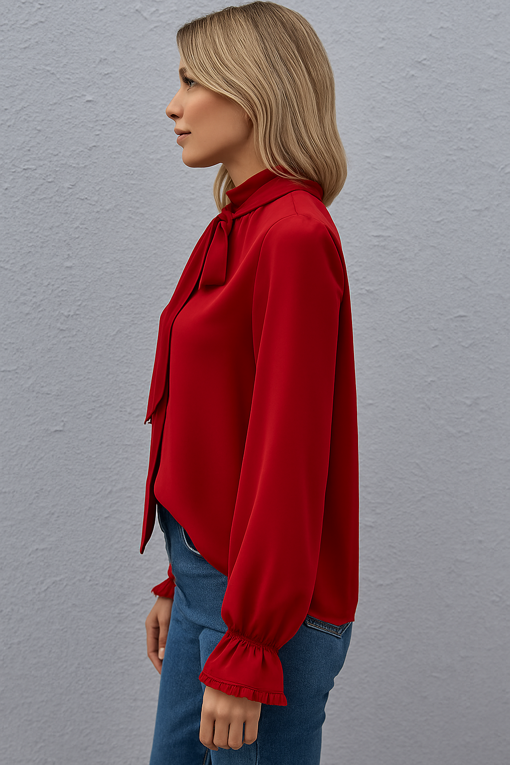 Long Sleeve Tie Neck Blouse - Lightweight Fabric - Casual or Office Wear - Available in Multiple Colors