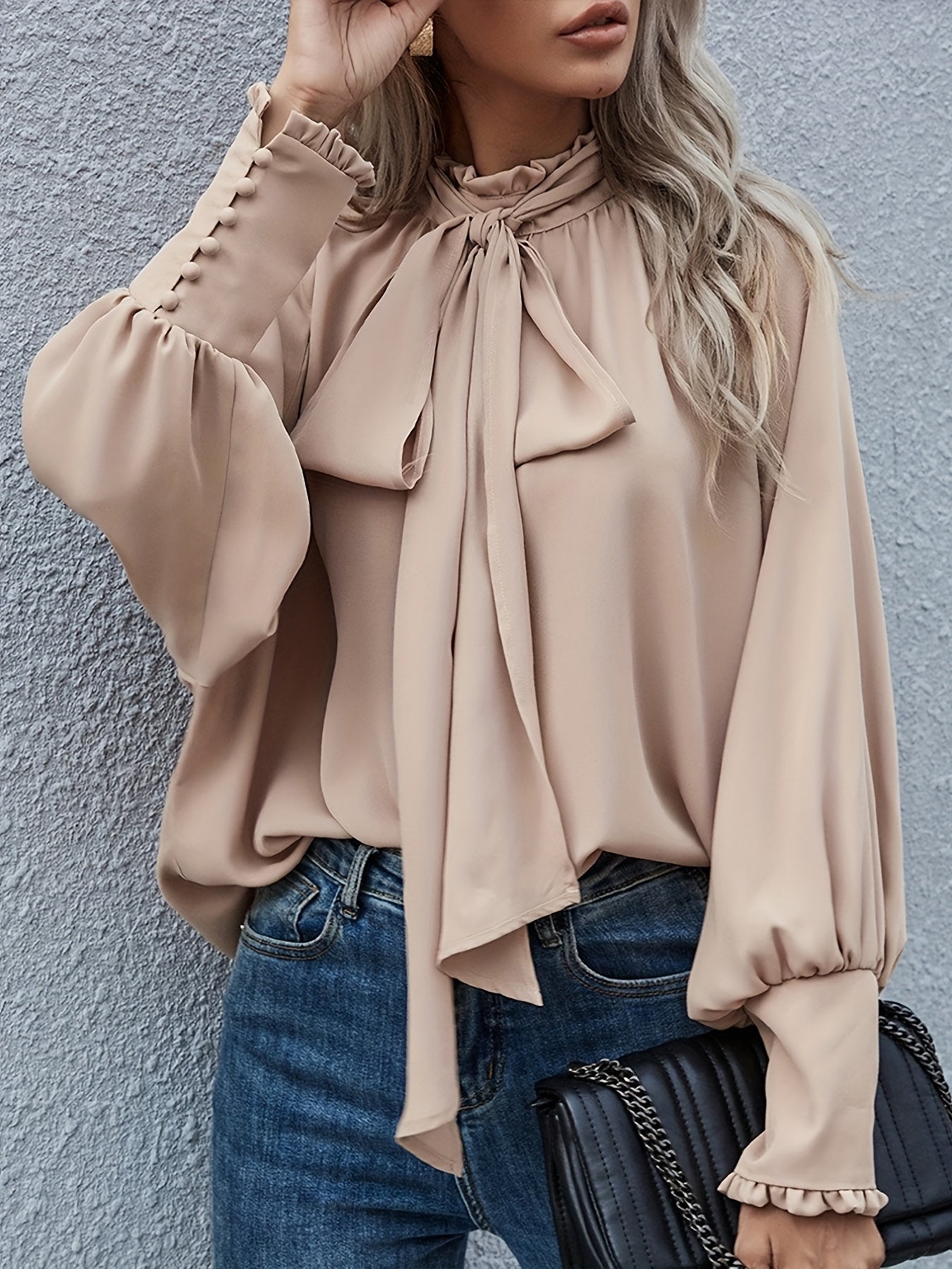 Long Sleeve Tie Neck Blouse - Lightweight Fabric - Casual or Office Wear - Available in Multiple Colors