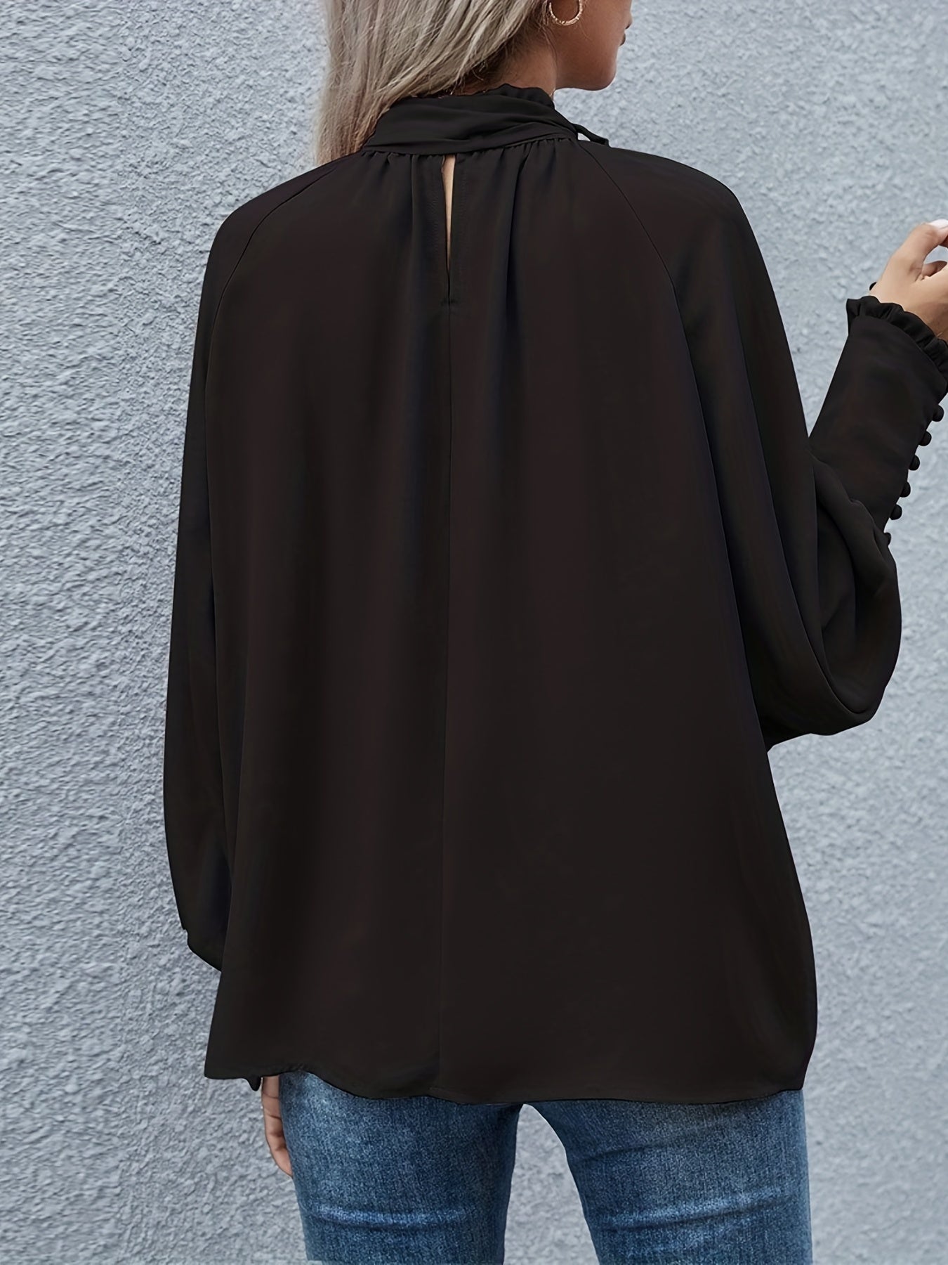 Long Sleeve Tie Neck Blouse - Lightweight Fabric - Casual or Office Wear - Available in Multiple Colors
