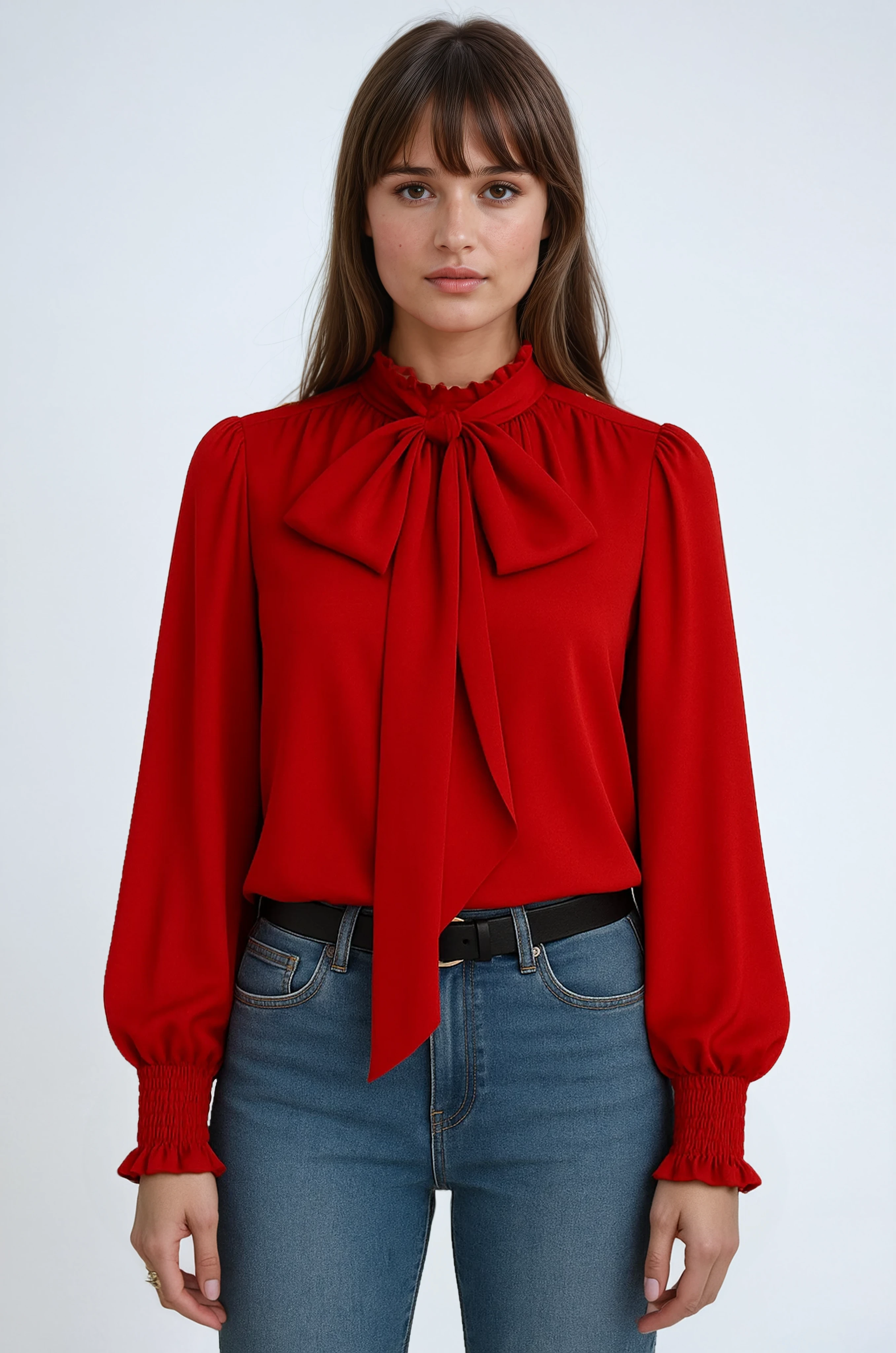 Long Sleeve Tie Neck Blouse - Lightweight Fabric - Casual or Office Wear - Available in Multiple Colors