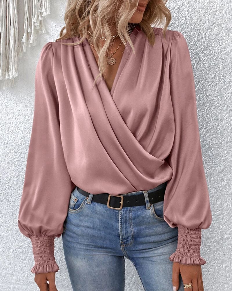 Long-Sleeve Wrap Blouse in Soft Fabric - Elegant Women's Top for Casual or Office Wear